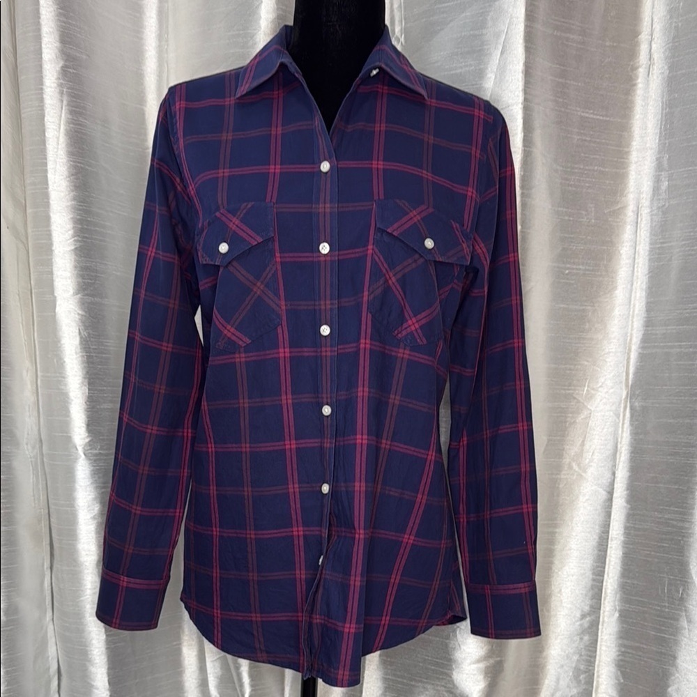 UNTUCKit Hayden Plaid Navy Blue Button Up Long Sleeve Reg Fit Women’s 6 Shirt